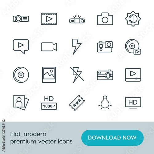 Modern Simple Set of video, photos Vector outline Icons. ..Contains such Icons as  quality,  television,  high,  button, camera, cinema, hd and more on white background. Fully Editable. Pixel Perfect.