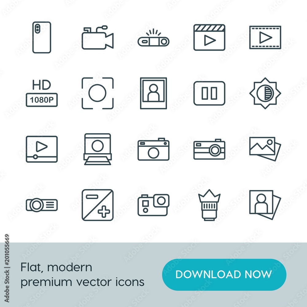 Modern Simple Set of video, photos Vector outline Icons. ..Contains such Icons as video,  projection,  space,  lens, portrait,  picture, hd and more on white background. Fully Editable. Pixel Perfect.