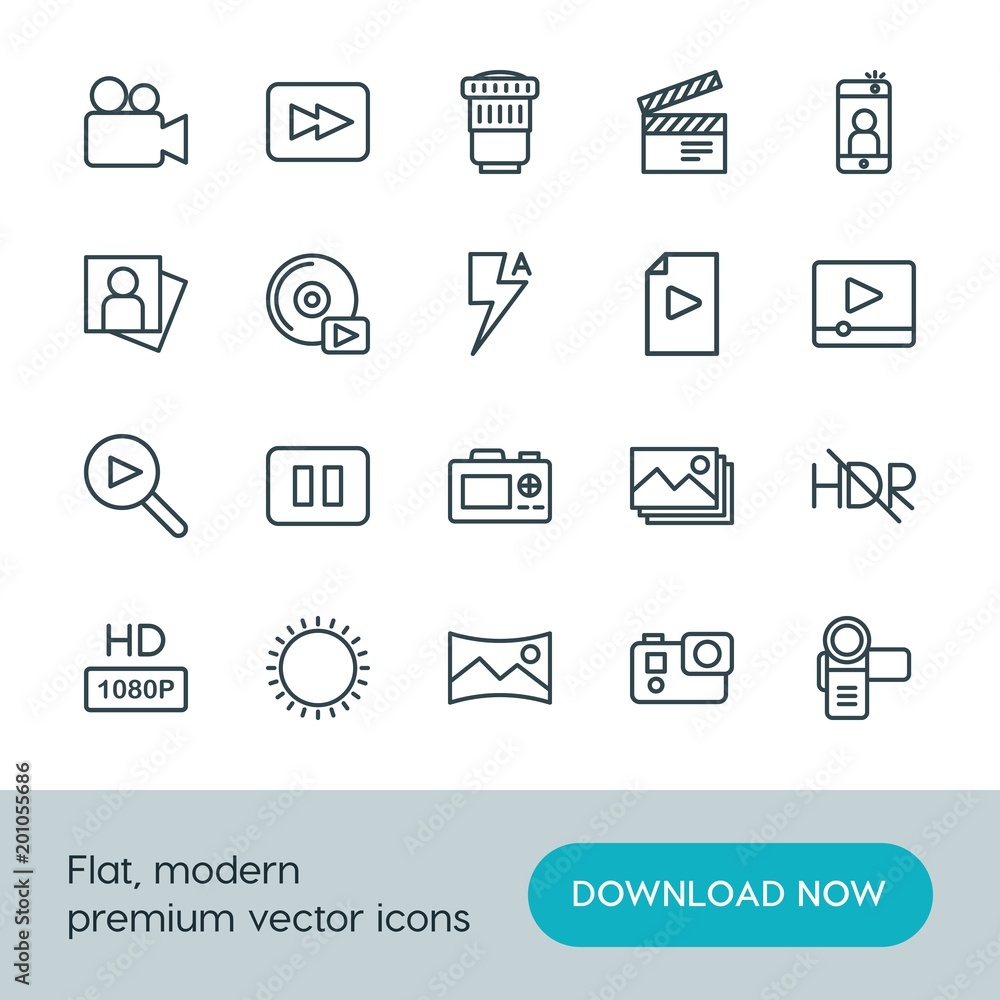 Modern Simple Set of video, photos Vector outline Icons. ..Contains such Icons as  technology,  picture,  symbol, sunny,  pause,  travel and more on white background. Fully Editable. Pixel Perfect.