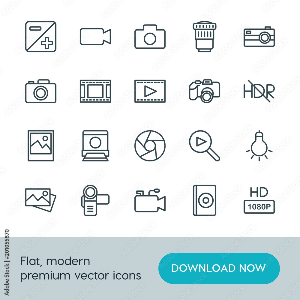 Modern Simple Set of video, photos Vector outline Icons. ..Contains such Icons as camera, design, camera, internet, movie, quality, cd and more on white background. Fully Editable. Pixel Perfect. Modern Simple Set of video, photos Vector outline Icons. ..Contains such Icons as camera, design, camera, internet, movie, quality, cd and more on white background. Fully Editable. Pixel Perfect.