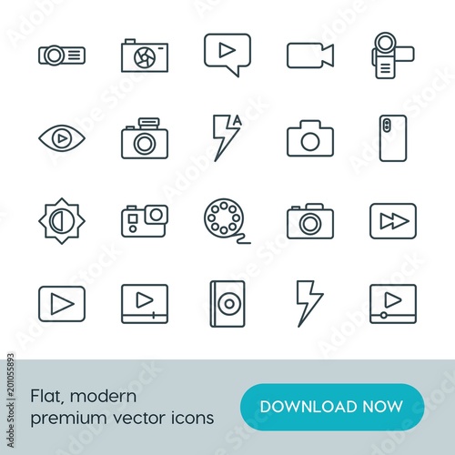 Modern Simple Set of video, photos Vector outline Icons. ..Contains such Icons as  button,  lens,  media,  music,  camera,  projection, dvd and more on white background. Fully Editable. Pixel Perfect.