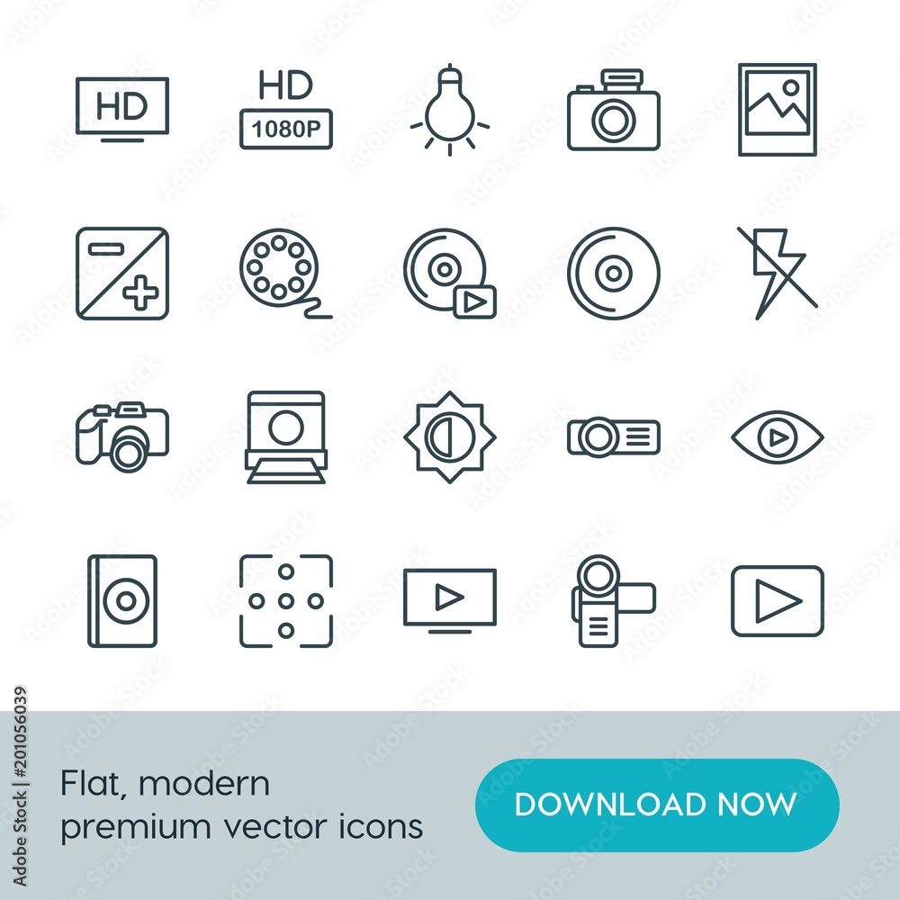 Modern Simple Set of video, photos Vector outline Icons. ..Contains such Icons as photography, background, iso, hd, image, lamp, media and more on white background. Fully Editable. Pixel Perfect. Modern Simple Set of video, photos Vector outline Icons. ..Contains such Icons as photography, background, iso, hd, image, lamp, media and more on white background. Fully Editable. Pixel Perfect.