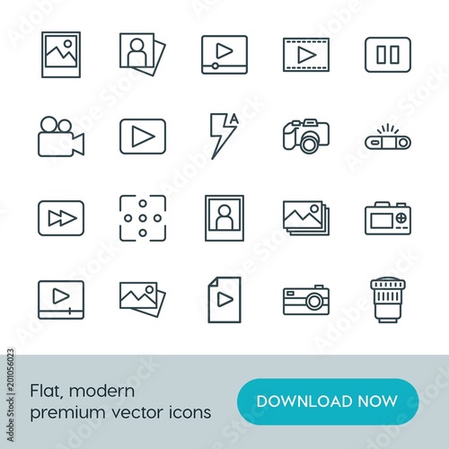 Modern Simple Set of video, photos Vector outline Icons. ..Contains such Icons as image, vector, stop, light, game, document, button and more on white background. Fully Editable. Pixel Perfect.