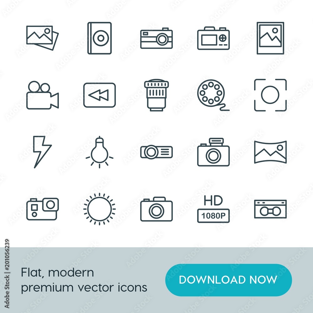 Modern Simple Set of video, photos Vector outline Icons. ..Contains such Icons as panorama,  cameraman,  back,  dslr,  landscape,  photo and more on white background. Fully Editable. Pixel Perfect.