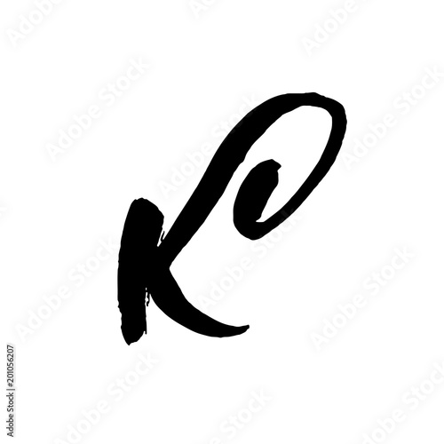 Letter K. Handwritten by dry brush. Rough strokes textured font. Vector illustration. Grunge style alphabet.