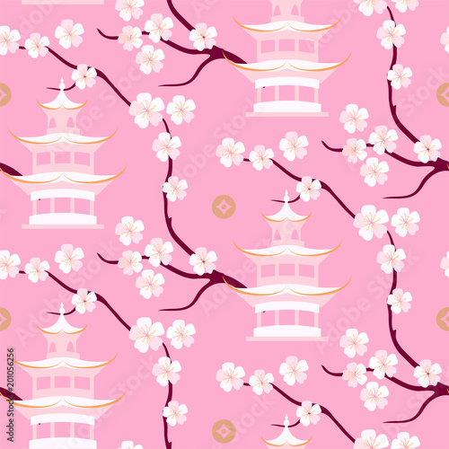 Pink china seamless pattern with sakura flowers and pagoda.