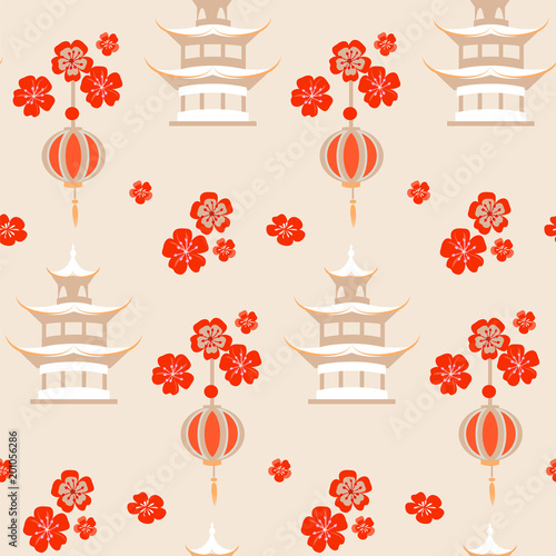 Beige china seamless pattern with sakura flowers and pagoda.