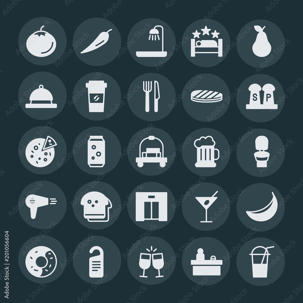 Modern Simple Set of food, hotel, drinks Vector fill Icons. ..Contains such Icons as do, desk, red, star, beverage, banana, toast, ice and more on dark background. Fully Editable. Pixel Perfect. Modern Simple Set of food, hotel, drinks Vector fill Icons. ..Contains such Icons as do, desk, red, star, beverage, banana, toast, ice and more on dark background. Fully Editable. Pixel Perfect.