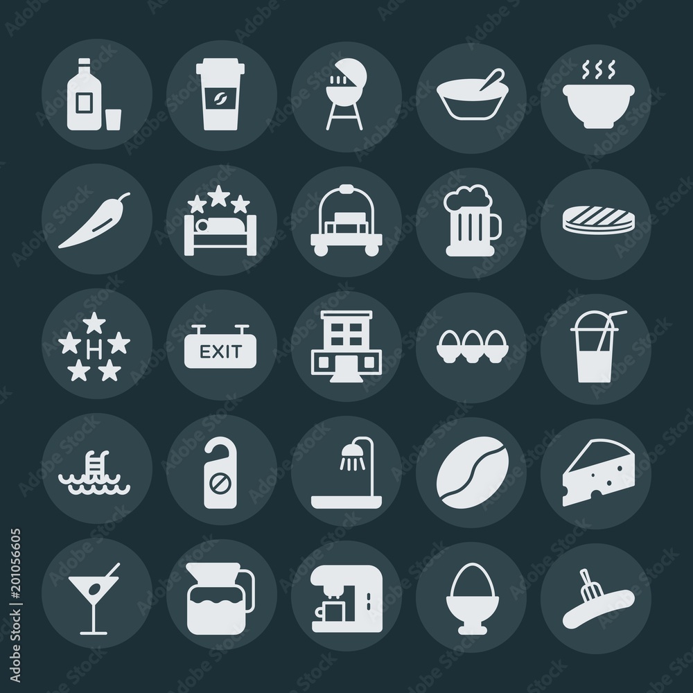 Modern Simple Set of food, hotel, drinks Vector fill Icons. ..Contains such Icons as meat, grilling, lunch, breakfast, coffee, alcohol and more on dark background. Fully Editable. Pixel Perfect. Modern Simple Set of food, hotel, drinks Vector fill Icons. ..Contains such Icons as meat, grilling, lunch, breakfast, coffee, alcohol and more on dark background. Fully Editable. Pixel Perfect.
