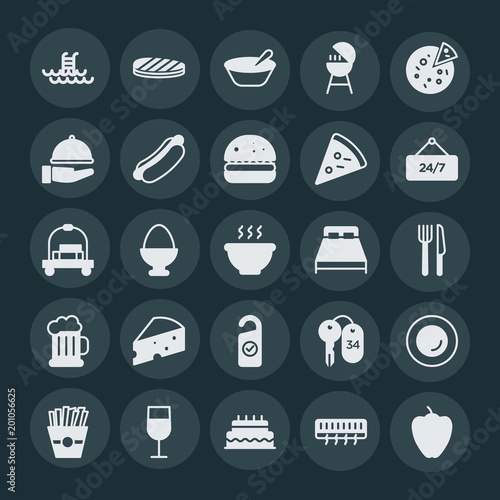 Modern Simple Set of food, hotel, drinks Vector fill Icons. ..Contains such Icons as  celebration,  glass, sweet,  egg, hotel,  alcohol and more on dark background. Fully Editable. Pixel Perfect.