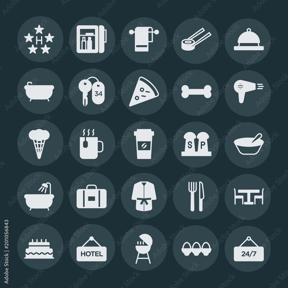 Modern Simple Set of food, hotel, drinks Vector fill Icons. ..Contains such Icons as  bbq,  vector,  knife, luxury,  easter,  24, service and more on dark background. Fully Editable. Pixel Perfect.