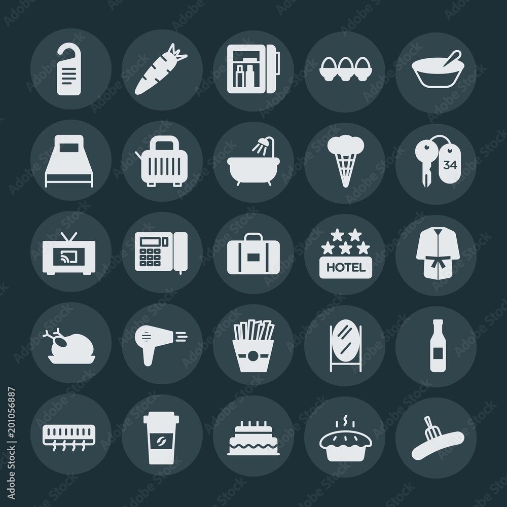 Modern Simple Set of food, hotel, drinks Vector fill Icons. ..Contains such Icons as  hotel,  orange,  room, beverage,  healthy,  mirror and more on dark background. Fully Editable. Pixel Perfect.