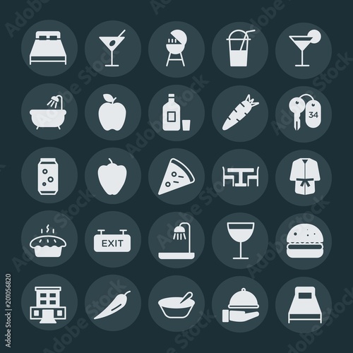 Modern Simple Set of food, hotel, drinks Vector fill Icons. ..Contains such Icons as hamburger, bed, hot, meat, bulgarian, urban, bbq and more on dark background. Fully Editable. Pixel Perfect.