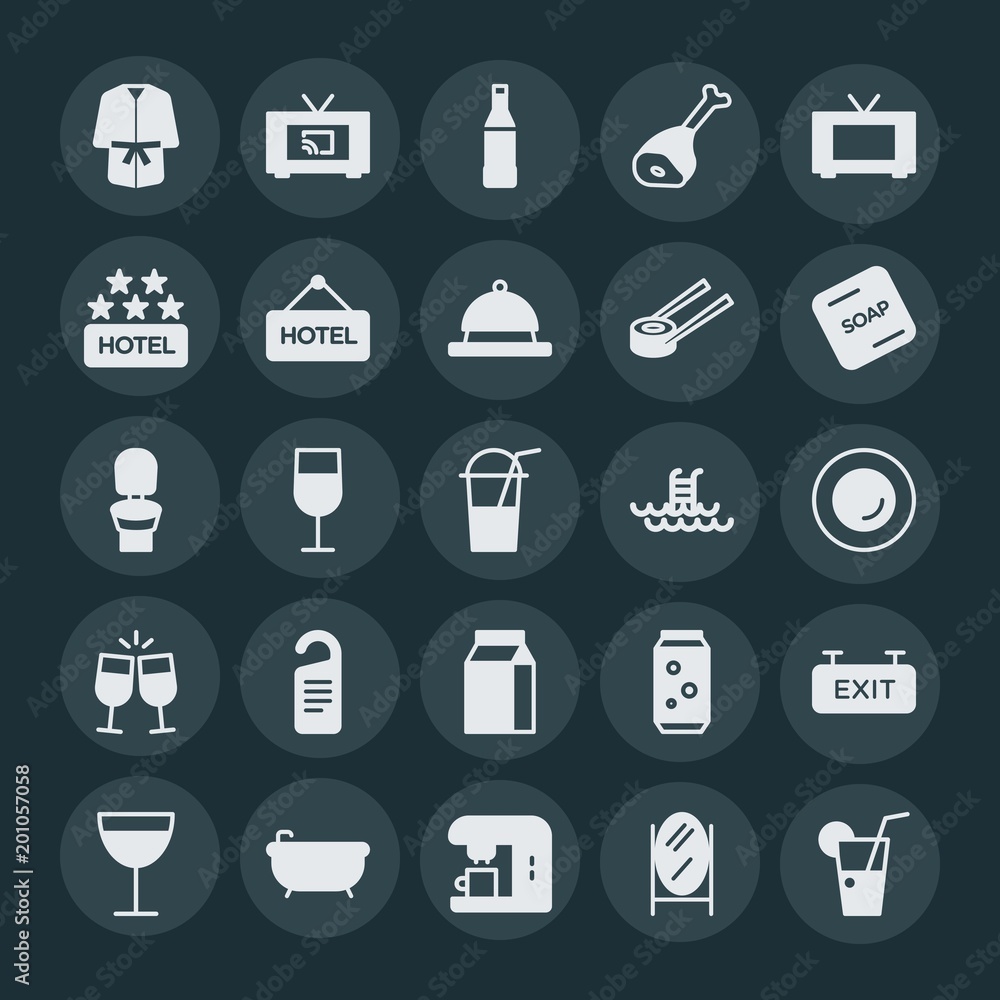 Modern Simple Set of food, hotel, drinks Vector fill Icons. ..Contains such Icons as  fresh,  hot,  container,  care,  cup, bathrobe,  drink and more on dark background. Fully Editable. Pixel Perfect.