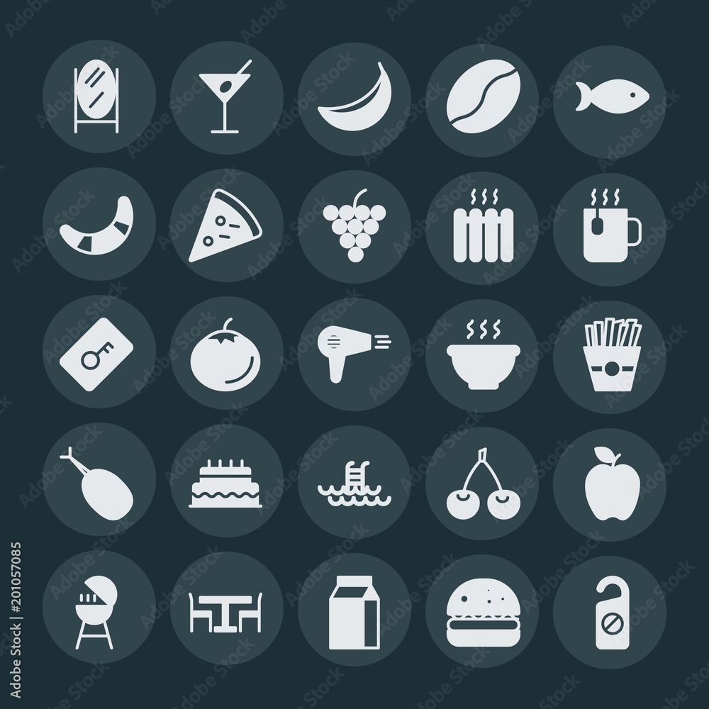 Modern Simple Set of food, hotel, drinks Vector fill Icons. ..Contains such Icons as  mirror,  glass,  bean, coffee, banana, food,  martini and more on dark background. Fully Editable. Pixel Perfect.