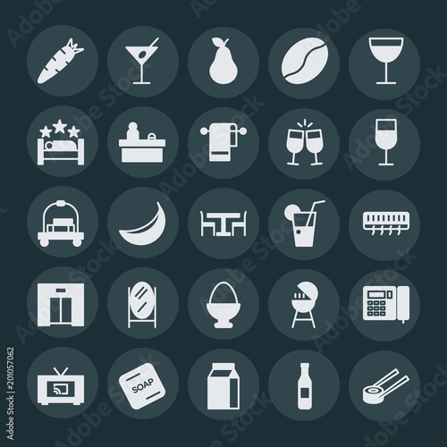 Modern Simple Set of food  hotel  drinks Vector fill Icons. ..Contains such Icons as  japanese   bbq   water   organic  pear   hotel   fresh and more on dark background. Fully Editable. Pixel Perfect.