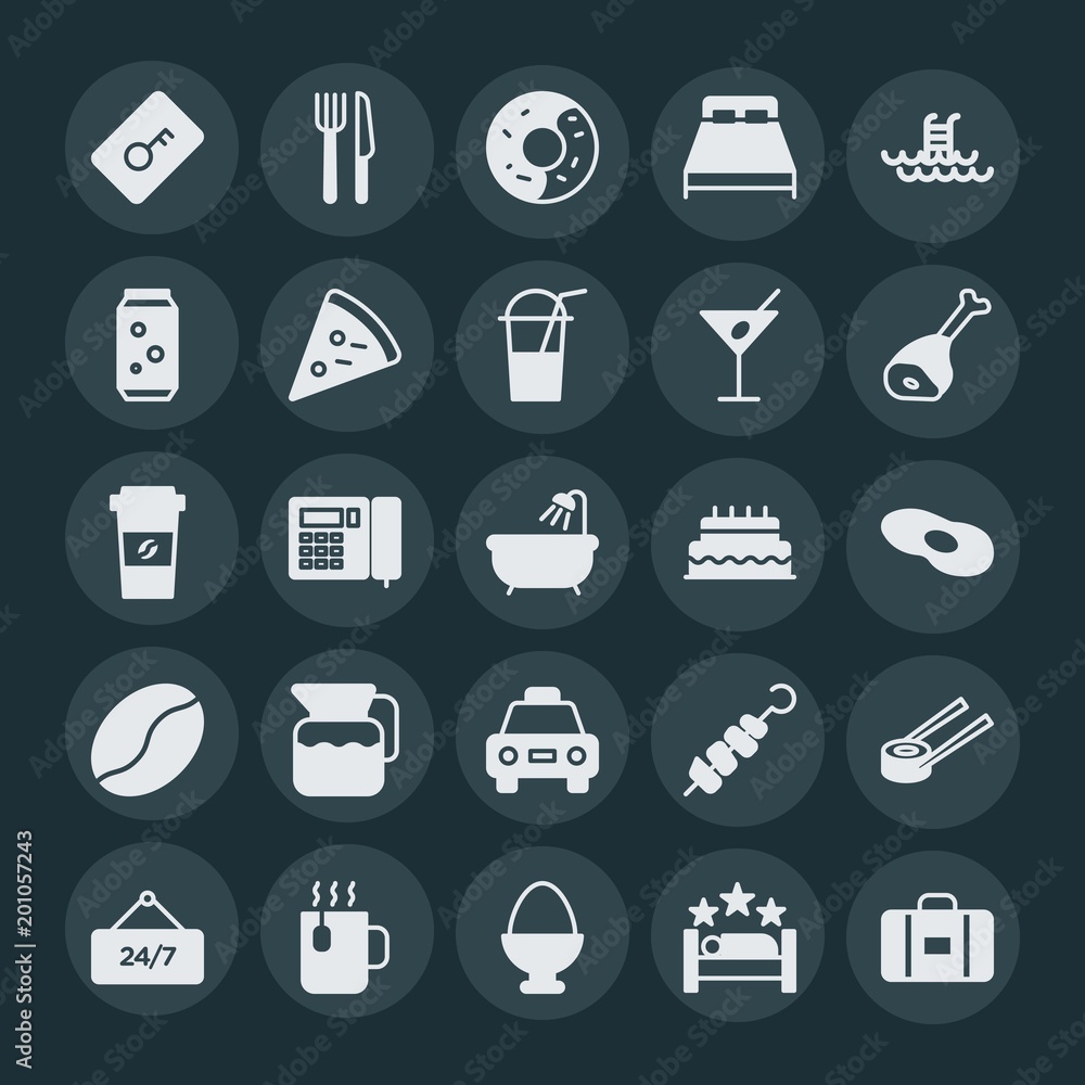 Modern Simple Set of food, hotel, drinks Vector fill Icons. ..Contains such Icons as  kebab,  drink, fork,  suitcase,  luggage,  lock,  star and more on dark background. Fully Editable. Pixel Perfect.