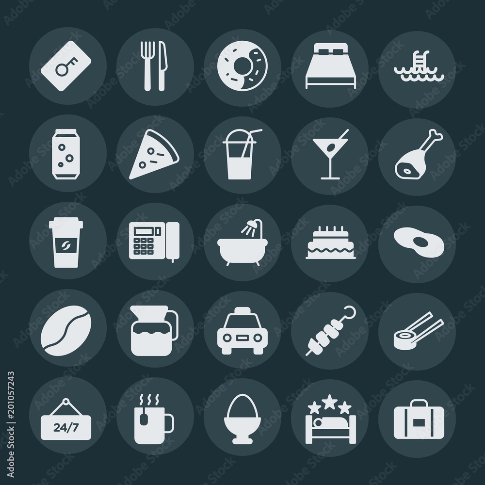 Modern Simple Set of food, hotel, drinks Vector fill Icons. ..Contains such Icons as kebab, drink, fork, suitcase, luggage, lock, star and more on dark background. Fully Editable. Pixel Perfect. Modern Simple Set of food, hotel, drinks Vector fill Icons. ..Contains such Icons as kebab, drink, fork, suitcase, luggage, lock, star and more on dark background. Fully Editable. Pixel Perfect.