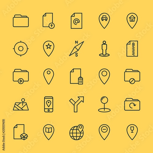 Fototapeta Naklejka Na Ścianę i Meble -  Modern Simple Set of location, folder, files Vector outline Icons. ..Contains such Icons as  icon,  map,  data,  folder,  location,  star and more on yellow background. Fully Editable. Pixel Perfect.