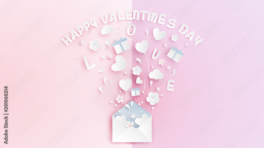 illustration of love in valentine's day. Paper art of open the envelope on Valentine's Day with many gifts on pink book background. Paper art and craft style. vector, illustration. illustration of love in valentine's day. Paper art of open the envelope on Valentine's Day with many gifts on pink book background. Paper art and craft style. vector, illustration.