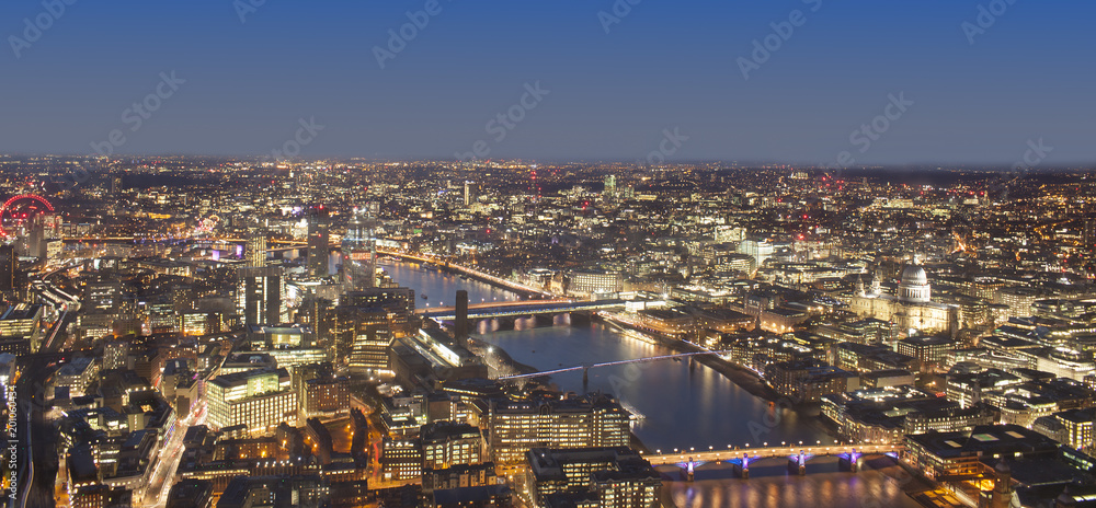 London cityscape at night, United Kingdom. Aerial view