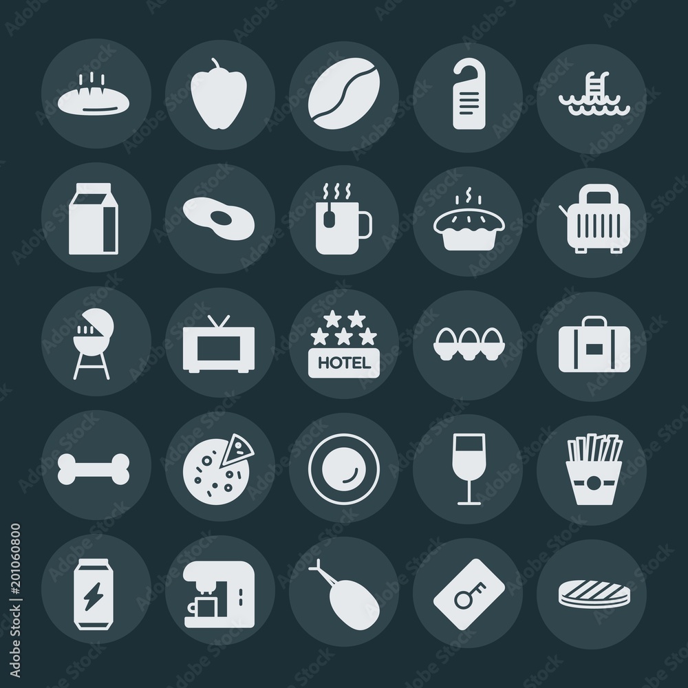 Modern Simple Set of food, hotel, drinks Vector fill Icons. ..Contains such Icons as door, meat, toast, drink, meal, potato, beverage and more on dark background. Fully Editable. Pixel Perfect. Modern Simple Set of food, hotel, drinks Vector fill Icons. ..Contains such Icons as door, meat, toast, drink, meal, potato, beverage and more on dark background. Fully Editable. Pixel Perfect.