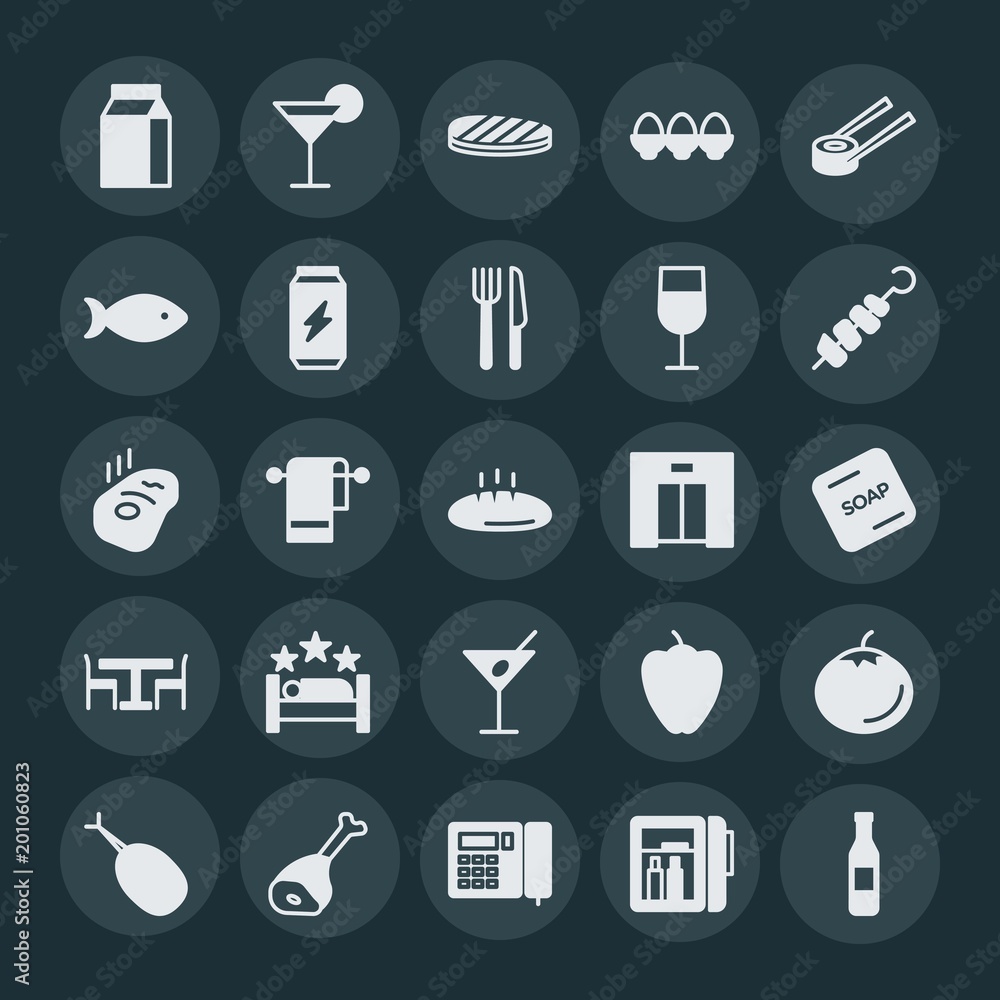 Modern Simple Set of food, hotel, drinks Vector fill Icons. ..Contains such Icons as soft, room, cocktail, steak, background, paprika and more on dark background. Fully Editable. Pixel Perfect. Modern Simple Set of food, hotel, drinks Vector fill Icons. ..Contains such Icons as soft, room, cocktail, steak, background, paprika and more on dark background. Fully Editable. Pixel Perfect.