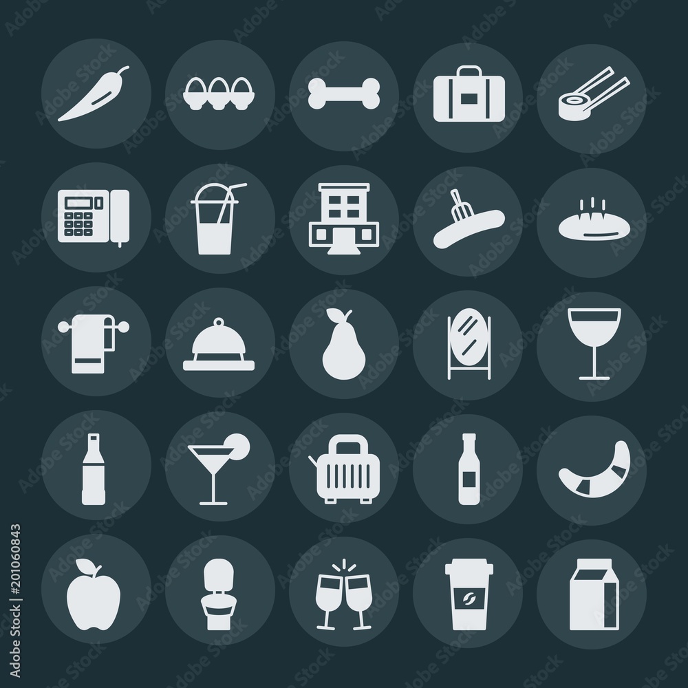 Modern Simple Set of food, hotel, drinks Vector fill Icons. ..Contains such Icons as bathroom, container, drink, croissant, wine, bone and more on dark background. Fully Editable. Pixel Perfect. Modern Simple Set of food, hotel, drinks Vector fill Icons. ..Contains such Icons as bathroom, container, drink, croissant, wine, bone and more on dark background. Fully Editable. Pixel Perfect.