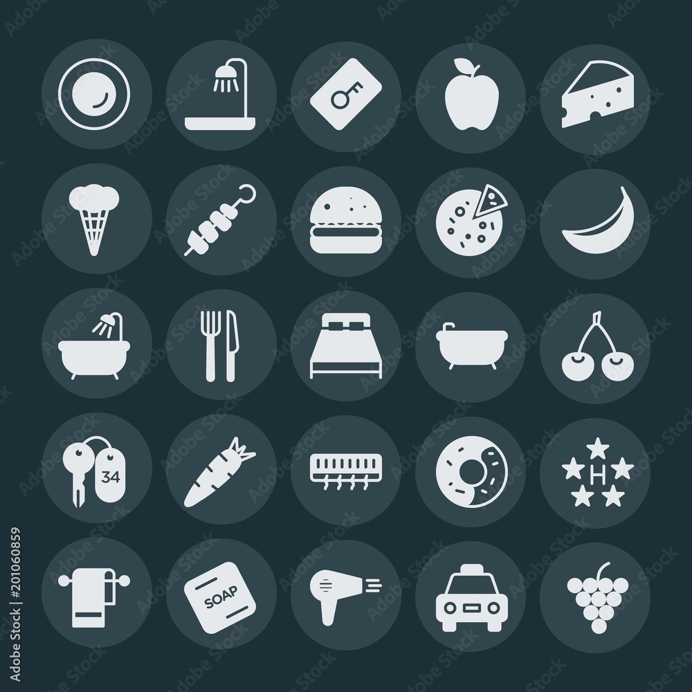 Modern Simple Set of food, hotel, drinks Vector fill Icons. ..Contains such Icons as  bath,  yellow, food,  cloth,  hygiene, key,  sign and more on dark background. Fully Editable. Pixel Perfect.