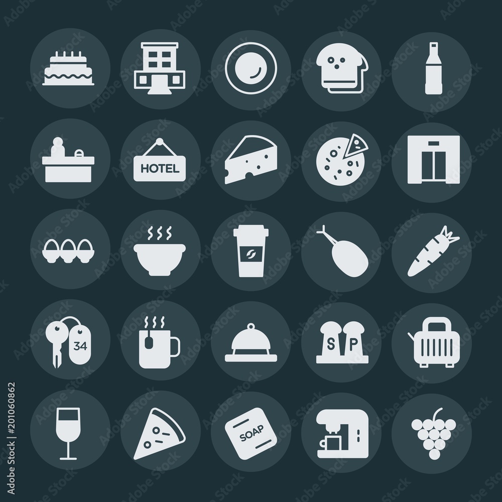 Modern Simple Set of food, hotel, drinks Vector fill Icons. ..Contains such Icons as hotel,  slice, soup,  ingredient, solid,  glass,  grape and more on dark background. Fully Editable. Pixel Perfect.