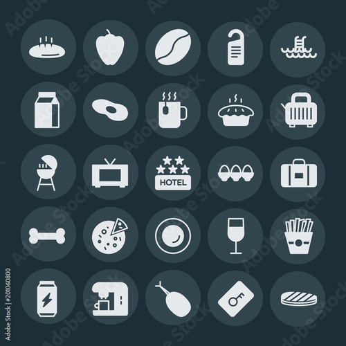 Modern Simple Set of food, hotel, drinks Vector fill Icons. ..Contains such Icons as door,  meat, toast,  drink,  meal,  potato,  beverage and more on dark background. Fully Editable. Pixel Perfect.
