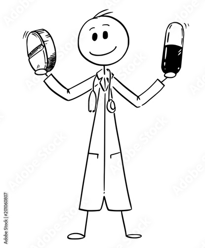 Cartoon stick man drawing conceptual illustration of doctor holding two pills. Concept of healthcare and drug overuse.