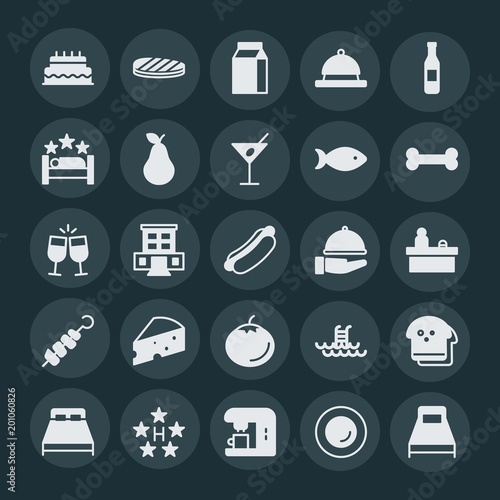 Modern Simple Set of food, hotel, drinks Vector fill Icons. ..Contains such Icons as background, room, diet, food, bed, party, loaf and more on dark background. Fully Editable. Pixel Perfect.