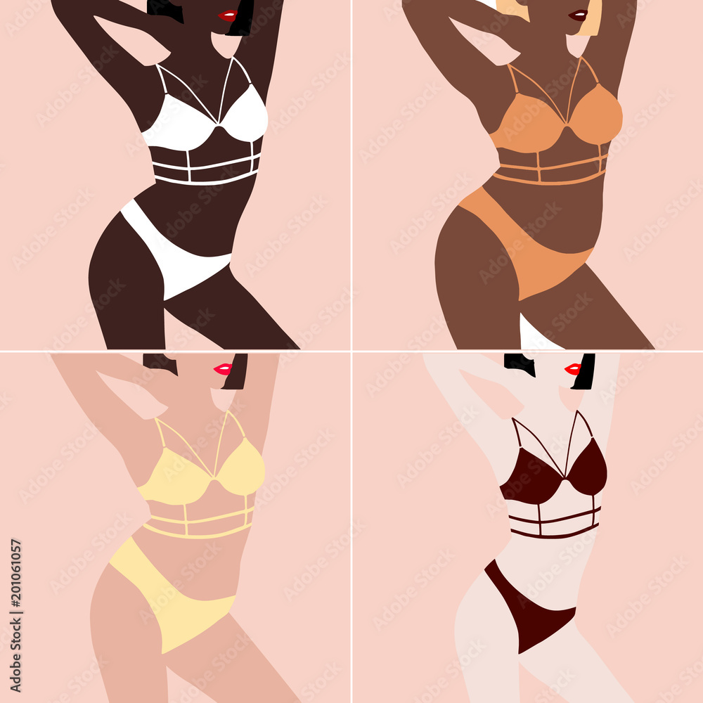 Set of female bodies types figures. Set of beautiful silhouettes of women  in underwear of different