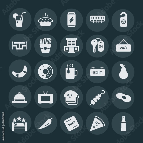 Modern Simple Set of food, hotel, drinks Vector fill Icons. ..Contains such Icons as solid, beverage, food, water, salami, slice, red and more on dark background. Fully Editable. Pixel Perfect.