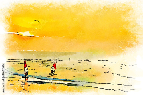 Digital watercolor of windsurfers during sunset hour