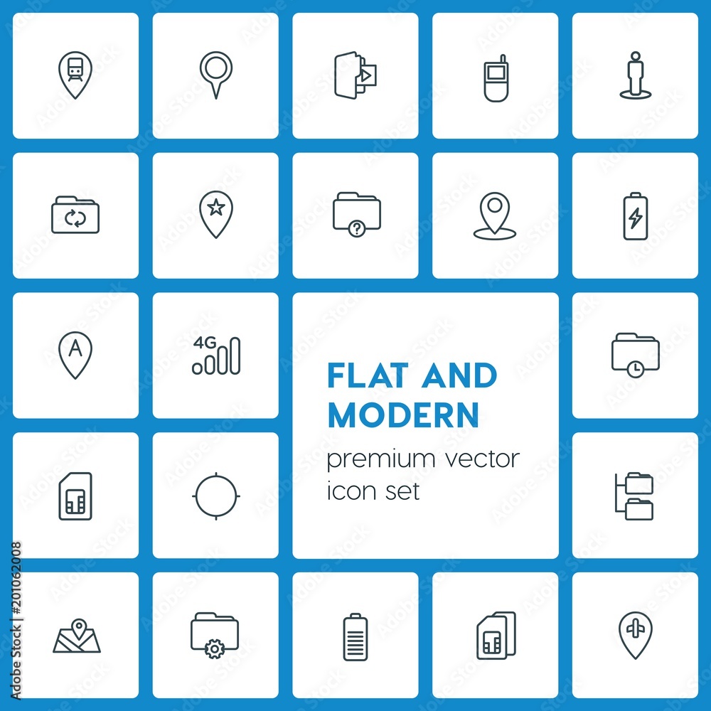 Modern Simple Set of location, folder, mobile Vector outline Icons. ..Contains such Icons as internet, battery, place, journey, web, map and more on dark background. Fully Editable. Pixel Perfect Modern Simple Set of location, folder, mobile Vector outline Icons. ..Contains such Icons as internet, battery, place, journey, web, map and more on dark background. Fully Editable. Pixel Perfect