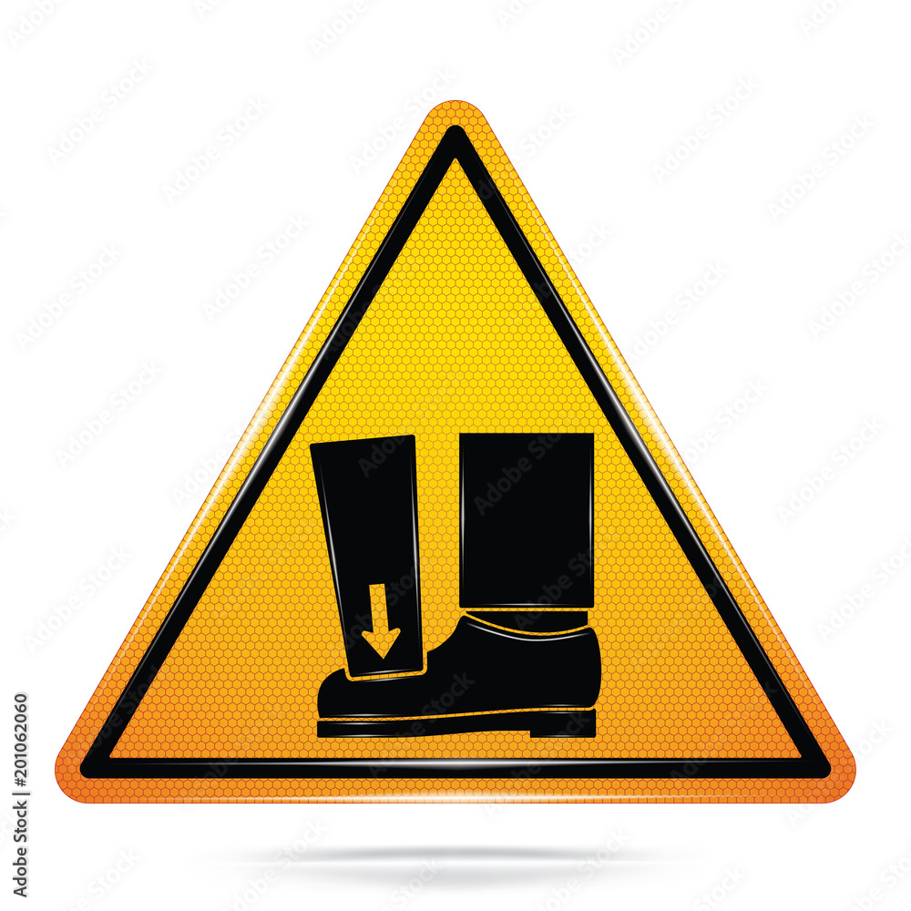 Vector and illustration graphic style,Crushing Of Toes Foot Hazard  symbols,Yellow triangle Warning Dangerous icon on white  background,Attracting attention Security First sign,for presentation,EPS10.  Stock Vector
