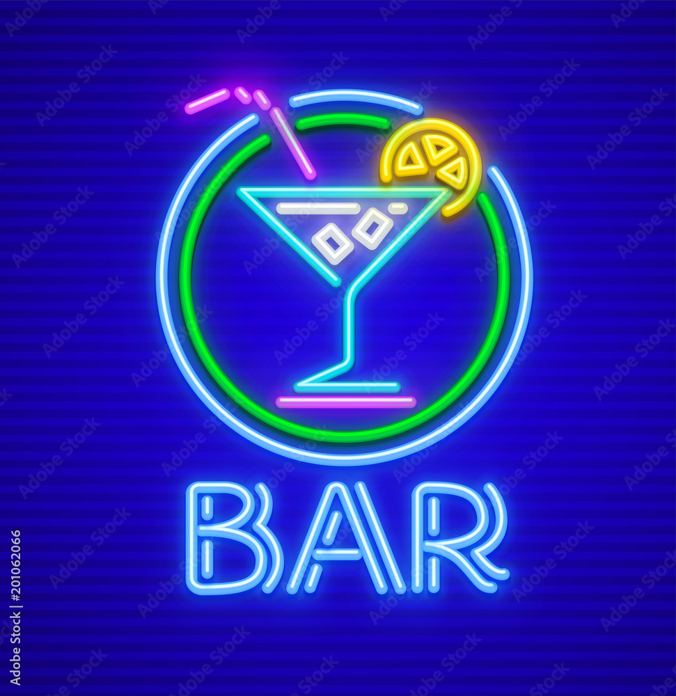 Cocktail bar neon sign. Glass goblet for drink with ice