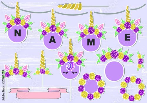 Vector set with Unicorn Tiara, Unicorn Horn, flower frame. Unicorn symbols as patch, stick cake topper, sticker, drink topper. Props for baby birth, Unicorn, Birthday party, First Birthday anniversary