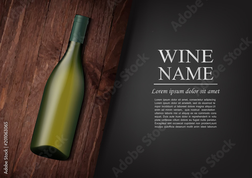 Advertising banner.A realistic bottle of white wine with black label in photorealistic style on wooden dark board,black background like chalk board,text.Wine presentation brochure.Vector illustration