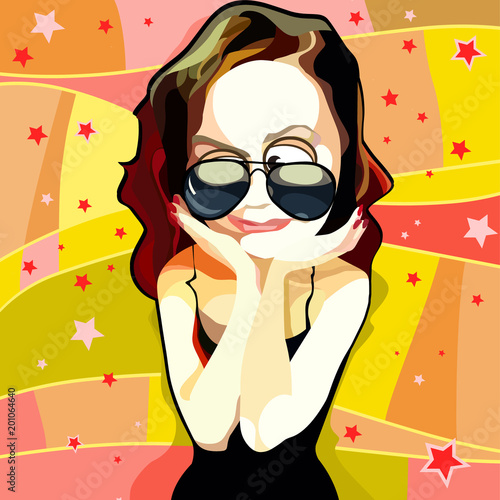 cartoon funny woman in sunglasses happily impressed