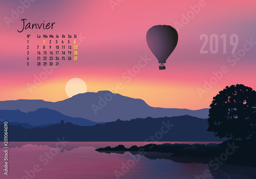 calendrier 2019 - calendrier - montgolfière - 2019 - paysage - janvier - année - mois - hiver - jour férié