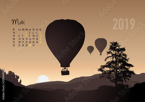 calendrier 2019 - calendrier - montgolfière - 2019 - paysage - mai - année - mois - printemps - jour férié