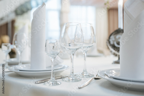 Served for dinner in restaurant with cozy interior. Wedding decorations and items for food, arranged by the catering service on a large table © vitleo
