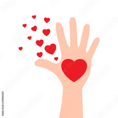 hands raising love with heart, Heart on the open palm.  Vector illustration isolated on white background