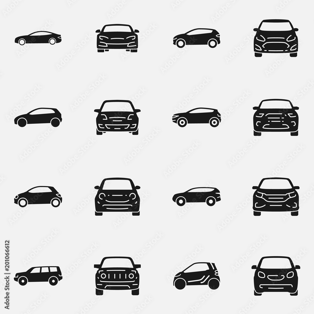 Fototapeta Set of various cars front and side view vector icon.