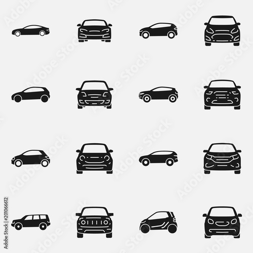Set of various cars front and side view vector icon.