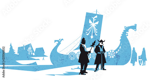 Viking warriors and Viking longboat sails