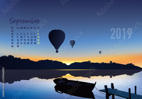 calendrier 2019 - calendrier - montgolfière - 2019 - paysage - septembre - année - mois - automne - jour férié
